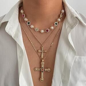 Gold Plated Layered Cross Necklace Colorful Crystal Statement Chain